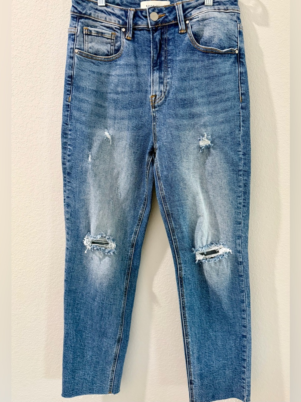 Risen Distressed High-Rise Medium Wash Pocket Straight Leg Jeans 11/30
